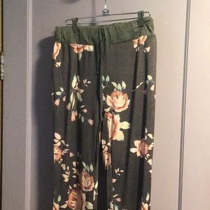 Gray Floral Silky Wide Leg Pants